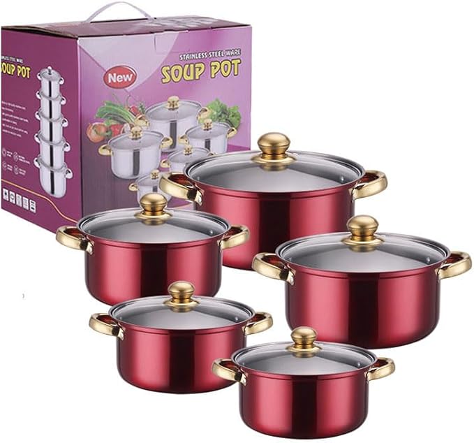 10PCS Stainless Steel Cookware Sets Nonstick Cookware Pot Dishwasher Safe Pots with Glass Lids for Soup Pasta Stew Rice Healthy Everyday Use for Gas Electric Halogen Ceramic Induction Hobs 06