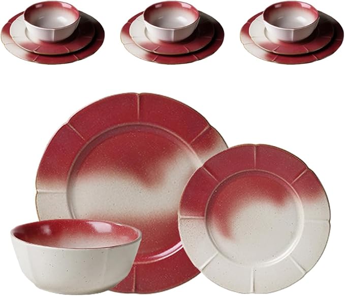 Ceramic Dinnerware Sets for 4 12 Pieces Dishes Set for Kitchen Porcelain Floral Plates and Bowls Set Microwave and Dishwasher Safe Scratch Resistant Underglaze painting (Gradient Red)
