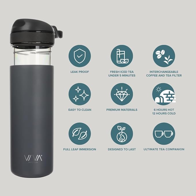 VIVA Recharge Grey Insulated Tea &amp Coffee Mug &amp Travel French Press Coffee Maker 16 oz Brew &amp Drink From the Same Coffee Mug On the Go or Camping