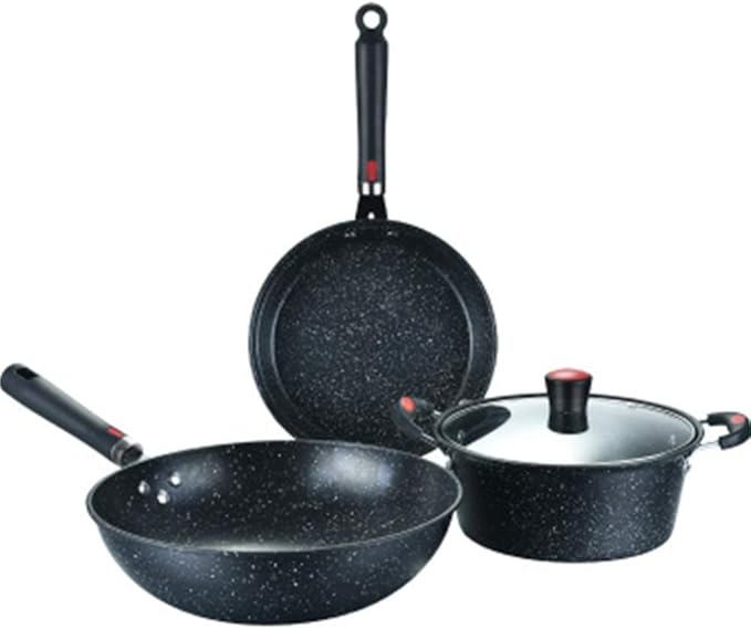 3 Pieces Pan SetsThere are Soup Pots WokFrying Pans Made of Thick Iron Non-Scalding Handles Suitable for Various Stoves Easy to Clean Stone Set