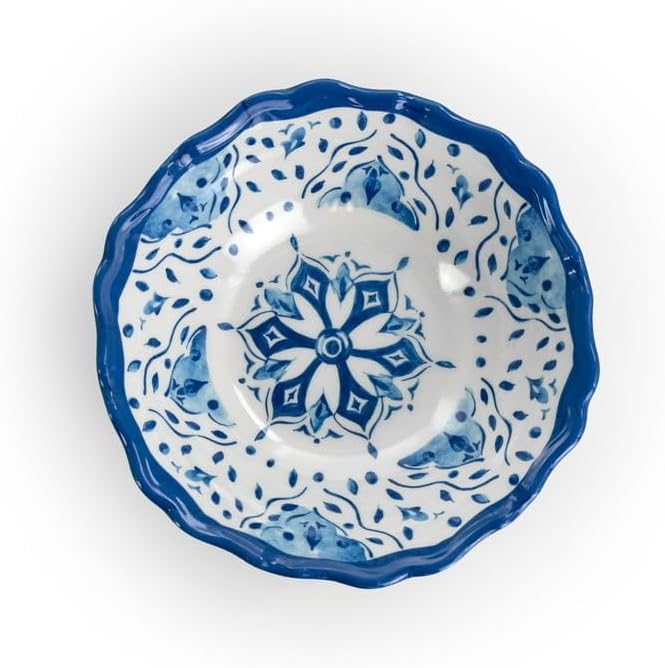 12 Piece Blue Floral Melamine Dinnerware Set – Lightweight Chip Resistant Plates and Bowls with Scalloped Design