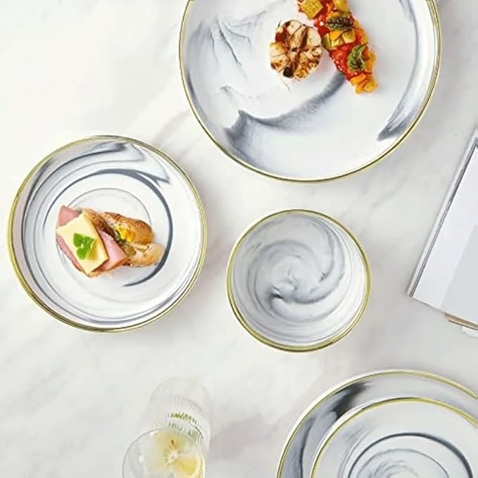 12 Piece Marble Porcelain Round Stoneware Dinner Dish Sets Dinnerware Plates and Bowls for 4