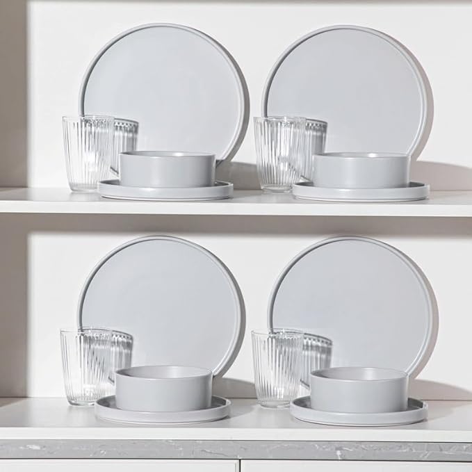 12 Piece Stoneware Tableware Set with Dinner Dessert Plate Bowl Kitchen Plates and Bowls