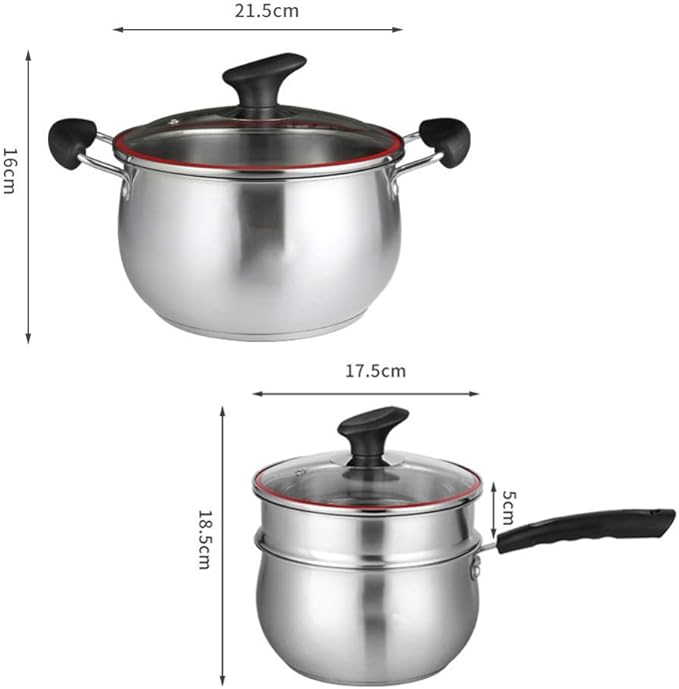 2-Piece cookware Set Stainless Steel Soup Pot Mini Steamer with Tempered Glass lid Sturdy Handle Suitable for All Gas Induction cookers Easy to Clean Pan Sets