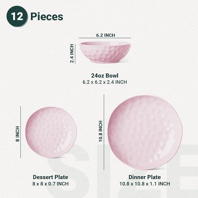 HOMBENE Plates and Bowls Sets Dinnerware Set 12 Piece Service Porcelain Dinnerware for 4 for Dessert Salad and Pasta Sakura Pink Dishes
