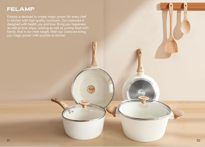 FELAMP Healthy Ceramic Nonstick Cookware Set 7-Piece PFOA/PFOS/Toxin-Free Pots &amp Pans Set for Induction &amp All Stovetops Dishwasher Safe with Glass LidsGift for New Home &amp Chefs