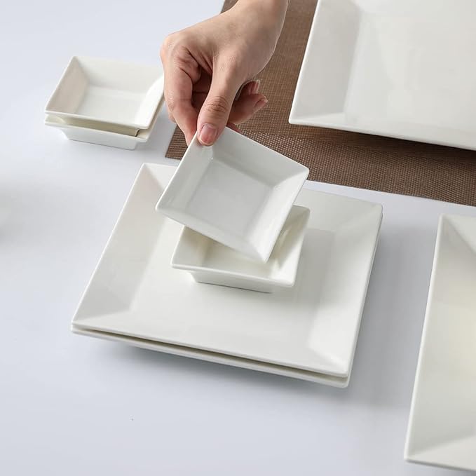 Porlien 16-Piece Classic Square Dinnerware Set for 4-Square Dinner Plates Dessert Plates Bowls &amp Dipping Saucers Off White Dishes for 4