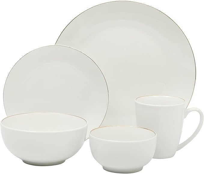 30 Piece Gold Banded Fine Ceramic Dinnerware Set – Service for 6 Elegant Round Plates Bowls &amp Mugs for Formal Dining and Everyday Meals