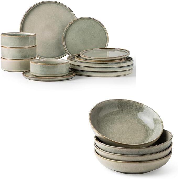 AmorArc Ceramic Dinnerware Sets with Pasta Bowl Handmade Reactive Glaze Plates and Bowls SetsHighly Chip and Crack Resistant | Dishwasher &amp Microwave Safe Dishes Set Service for 4 (16pc)