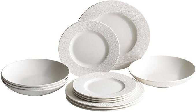 Villeroy &amp Boch Manufacture Rock Blanc 12-Piece Dinnerware Set Service for 4 Dinner Plates Salad Plates &amp Pasta Bowls Premium Porcelain Made in Germany Matte White