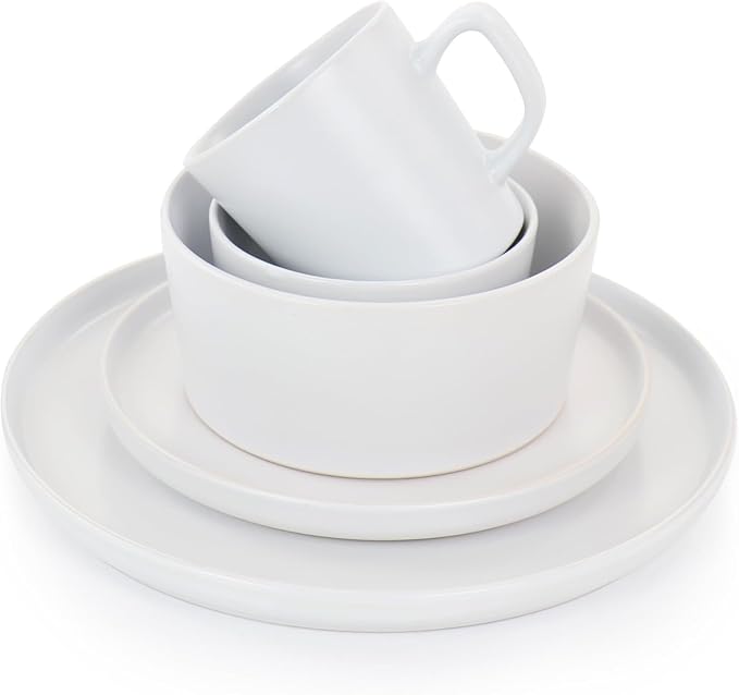 Luxmatte 20-Piece Stoneware Dinnerware Set – Modern Matte Finish Dish Set for 4 Microwave &amp Dishwasher Safe – Includes Dinner Plates Salad Plates Bowls and Mugs in Four Colors (White)