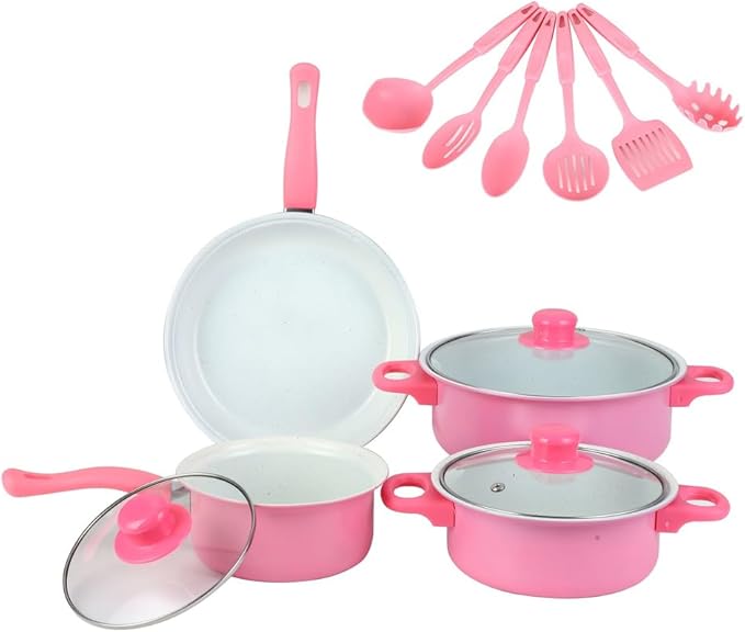 13 Piece Set Cookware Set Non-Stick Portable Lightweight Iron Pots and Pans with Glass Lids and Nylon Utensils for Outdoor Camping Picnic Travel Cookware