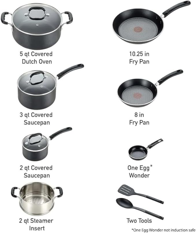 T-fal Experience Nonstick Cookware Set 12 Piece Induction Oven Broiler Safe 350F Kitchen Cooking Set w/Fry Pans Saucepan Stockpot Kitchen Utensils Pots and Pans Dishwasher Safe Black
