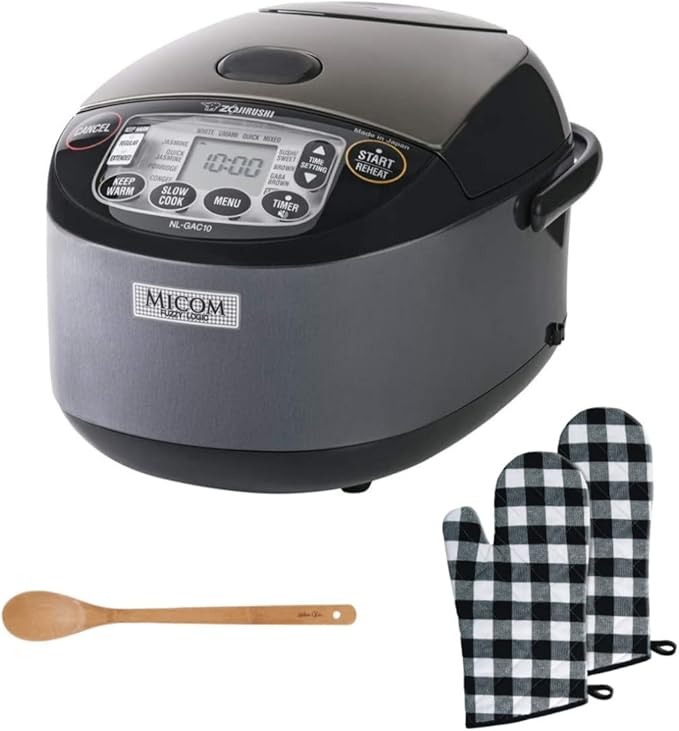 Zojirushi NL-GAC10BM 5.5 Cup (Uncooked) Umami Micom Rice Cooker Bundle with Oven Mitt (2-Pack) and 15-Inch Bamboo Spoon (3 Items)