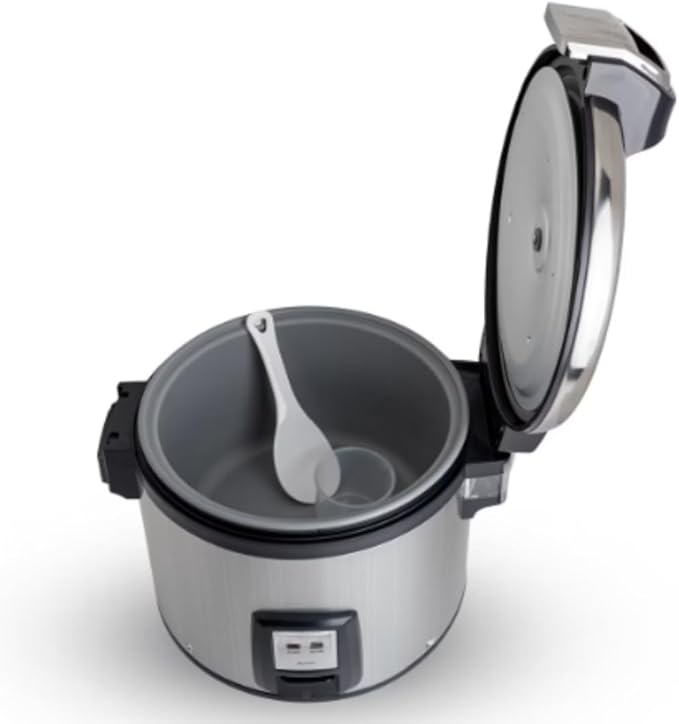 TrueCraftware- 30 Cup Electric Rice Warmer Stainless Steel Hinged Lid Non-Stick Aluminum Inner Pot with Plastic White Rice Spoon - Makes Soups Stews Grains Hot Cereals Commercial Rice Cooker Warmer