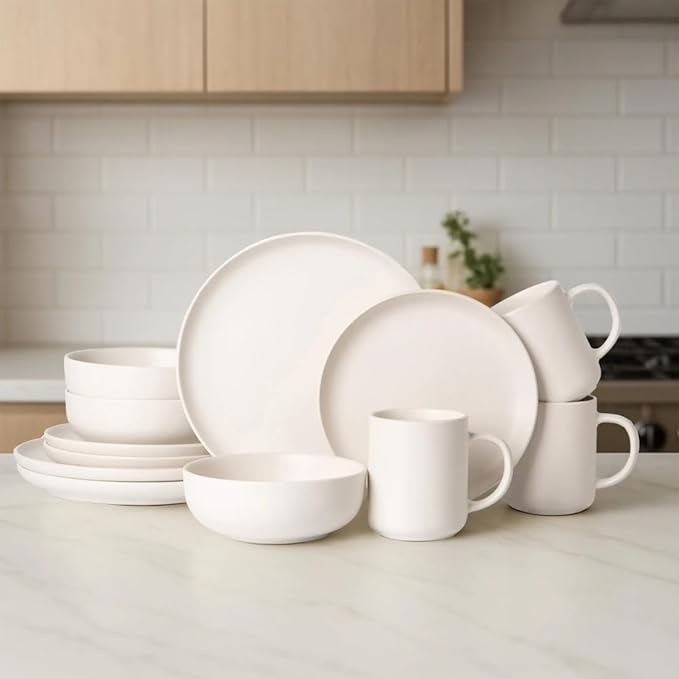 12-Piece Stoneware Dinnerware Set White Matte Glaze Service for 3 Includes Dinner Plates Salad Plates Bowls Mugs Microwave and Dishwasher Safe