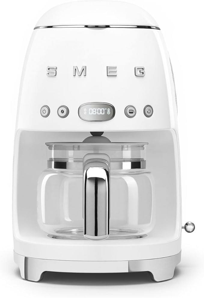 Smeg DCF02WHUK Drip Coffee Machine Auto-Start Mode Reuseable Filter Digital Display Anti-Drip System Aroma Intensity Option 1.4 Litre Tank White