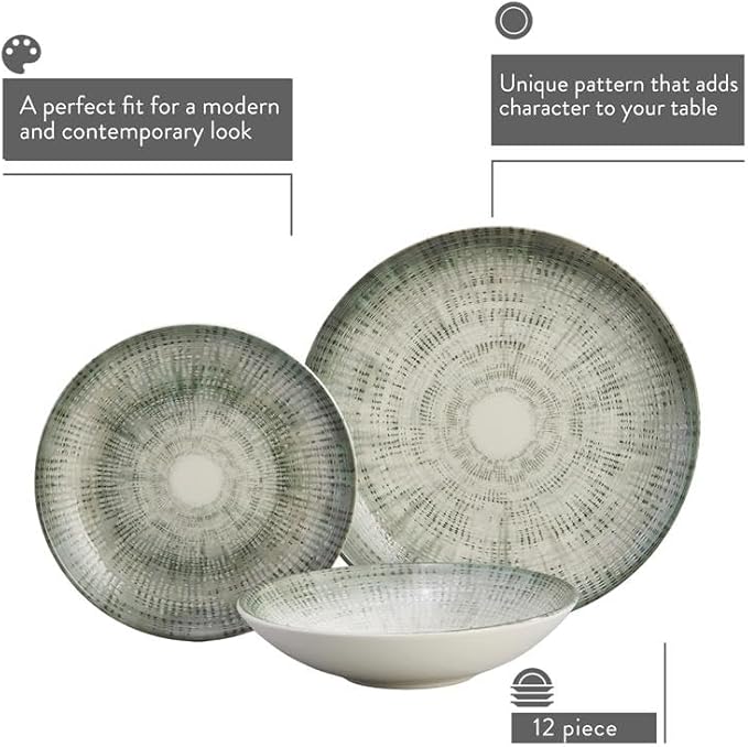 Corona 12-Piece Textured Modern Textured Finish Ceramic Dinnerware Sets Plates and Bowls Service For 4 Microwave and Dishwasher Safe Elara