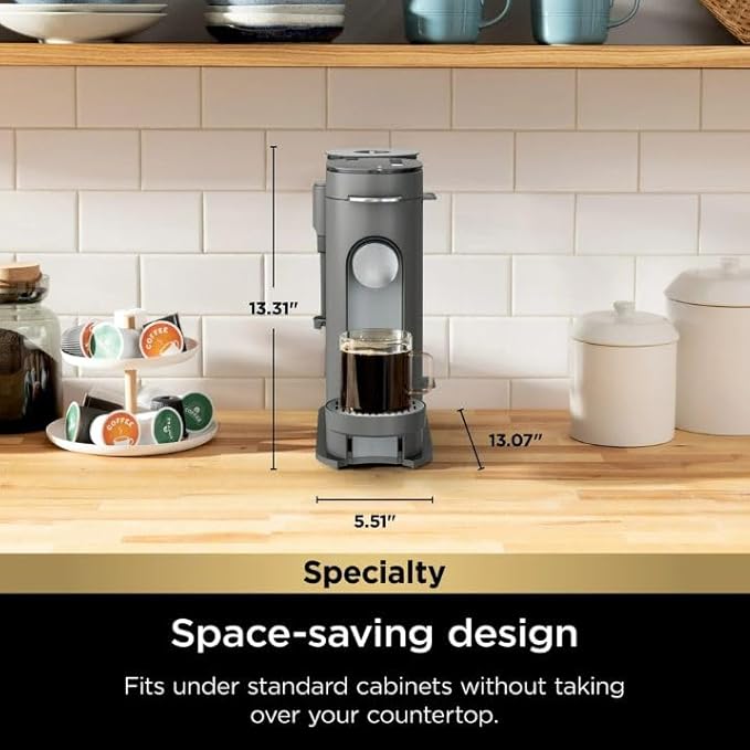 Single-Serve Coffee Maker Pods &amp Grounds 4 Brew Styles: Classic Rich Over Ice Specialty Compact Frother 6-24 oz Brew Sizes Travel Mug Friendly Gray PB050