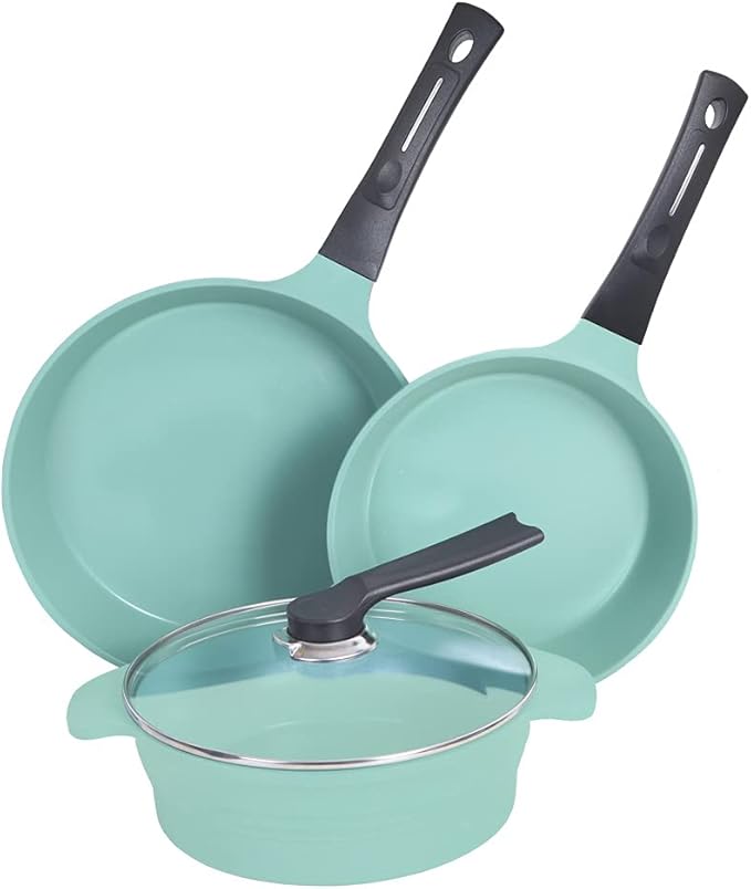 ORIGINAL Neware EUROCOOK JADE Powder-coated Non-Stick Ceramic Cookware Set 4-Piece PFOA-Free Kit: Frying Pans and Casserole with Tempered Glass Lid
