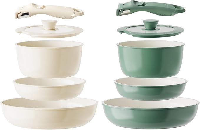 Redchef Ceramic Pots and Pans Set Nonstick Kitchen Cookware Sets Non Toxic Pots and Pans Set Non Stick PFAS PFOA &amp PTFE Free Detachable Handle Pots and Pans 10 Piece (Beige+Green) RV Cookware