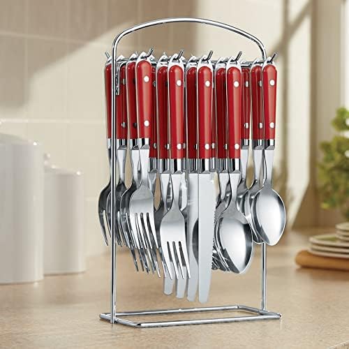 Montgomery Ward 20-Piece Hanging Flatware Set with Rack Red - Elegant Stainless Steel Utensils (Red)