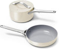 Mini Cookware Set - Non-stick Ceramic Fry Pan (1.05 Qt 8) Sauce Pan (1.75 Qt) &amp Storage Rack - Cream