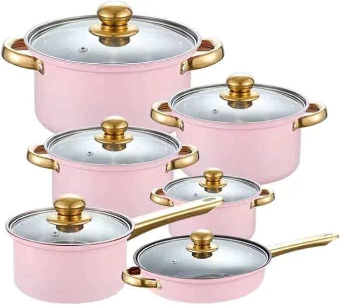 Saucepan SetKitchen Cookware Sets 6 Piece Cookware Set Frying Pan Milk Pan Soup Pot Saucepan Stainless Steel Kitchen Cooking Pot Set Cooking Set Cooking Pots (Pink One Size)