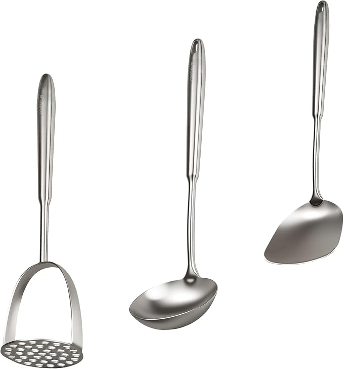 18/10 Stainless Steel Cooking Utensils Set 3 PCS Long Large Metal Cooking Utensil Tools Set Mirror Polished Kitchen Gadget Cookware and Kitchen Tool Set Dishwasher Safe