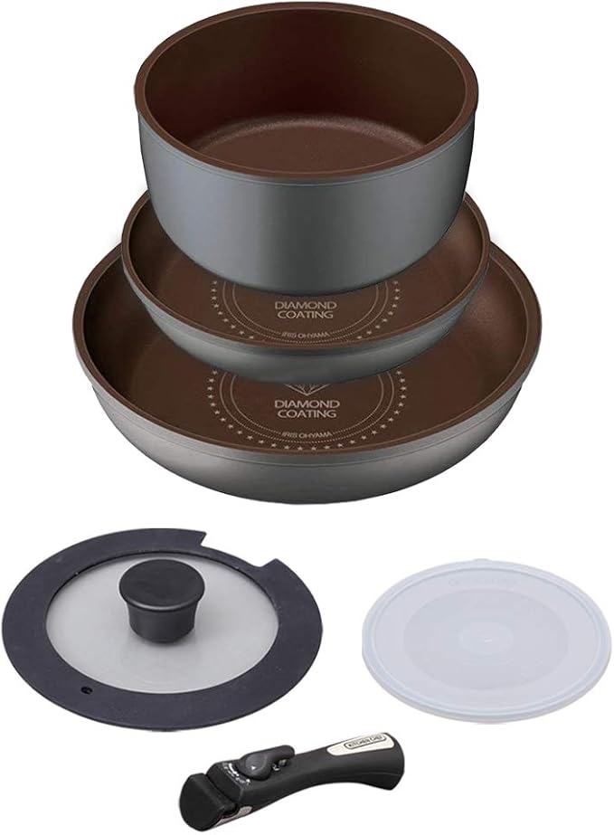 Iris Ohyama H-IS-SE6 Frying Pan and Pot Set Compatible with Induction and Gas Stoves 6-Piece Set Diamond Coat Diamond-Coated Pan Silver Removable Handle Lightweight Non-Stick Easy Care