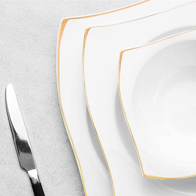Ceramics Dinnerware Set with 48-PieceBowl/Dish/Soup Pot/Spoon|Bone China Dinner SetsGold Stroke Pattern Porcelain Combination Set