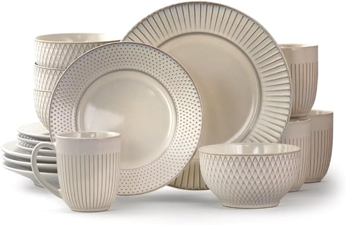 16 Piece Round Stoneware Dinnerware Set in Embossed Dish Set Household Plate Dish Ceramic Bowl Cutlery Combination