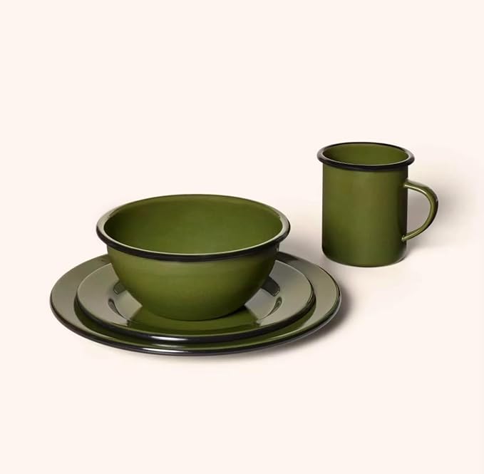 4 Piece Enamel Dinnerware Set Dark Green with Black Rim Includes Plate Bowl and Mug