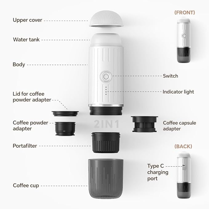 BENFUCHEN Portable Electric Espresso Machine Travel Coffee Maker for Camping On the Go Car Coffee Maker Self-Heating with USB-C With Ground Coffee &amp N Espresso Capsule for RV/Hiking/Office Whi