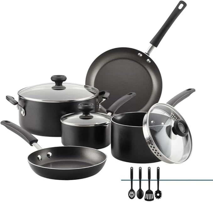 12-Piece Black Non-Stick Pots and Pans Set with Cooking Utensils Dishwasher Safe Aluminum Cookware Even Heating for Various Kitchen Needs