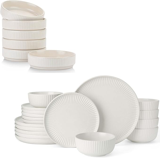 famiware Dinnerware Sets Plates and Double Bowls Dish Set of 6 (24 Pieces) - Dishwasher &amp Microwave Safe Chip Resistant Reactive Glaze