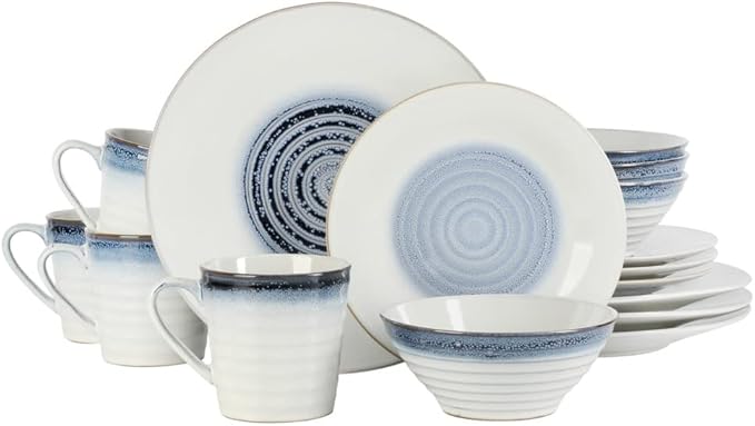 16 Piece Elegant Stoneware Dinnerware Set for 4 | Pretty Embossed Intricated Design With Reactive Glaze Finish White/Blue Color Smooth Textured | Microwave &amp Dishwasher Safe Luxury Modern Appearan