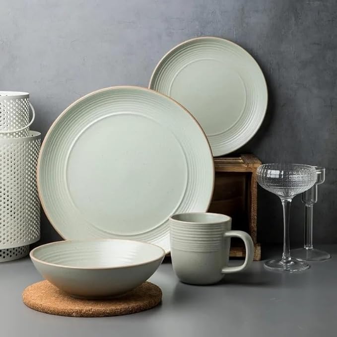 Round Stoneware Dinnerware Set of 4 Dinner Plates Side Cereal Bowls Mugs Matte and Sets