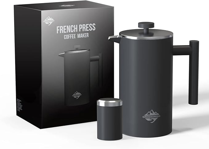 French Press Coffee Maker 304 Stainless Steel Coffee Press 34oz (4 cups) Tea maker with 60g Coffee Canister Double Wall French Presses with Heat Preservation Dishwasher Safe Black