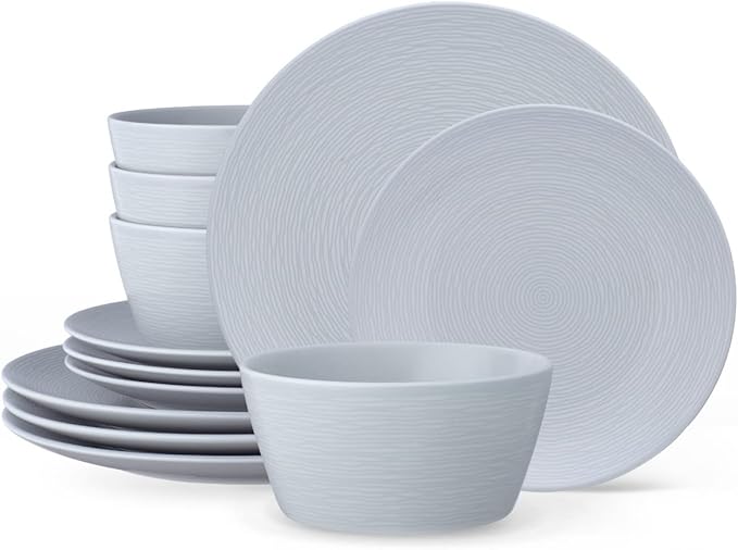 Noritake Colorscapes Grey-on-Grey Swirl 12-Piece Coupe Dinnerware Set Service for 4