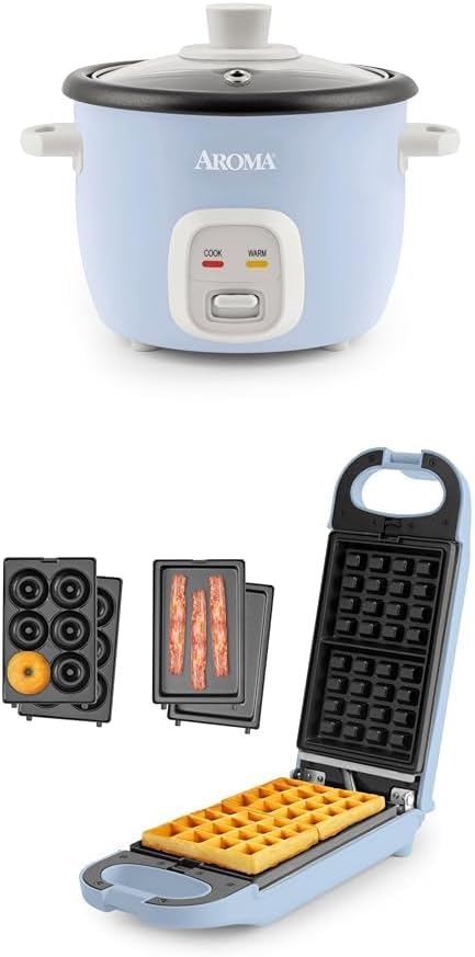 AROMA® Housewares Mini Rice &amp Grain Cooker and Waffle Maker Bundle - Cook Rice Grains and Make Waffles Paninis and Donuts | Includes 4-Cup (Cooked) Rice Cooker and 3-in-1 Swap &amp Flip Waffl