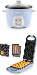 AROMA® Housewares Mini Rice &amp Grain Cooker and Waffle Maker Bundle - Cook Rice Grains and Make Waffles Paninis and Donuts | Includes 4-Cup (Cooked) Rice Cooker and 3-in-1 Swap &amp Flip Waffl