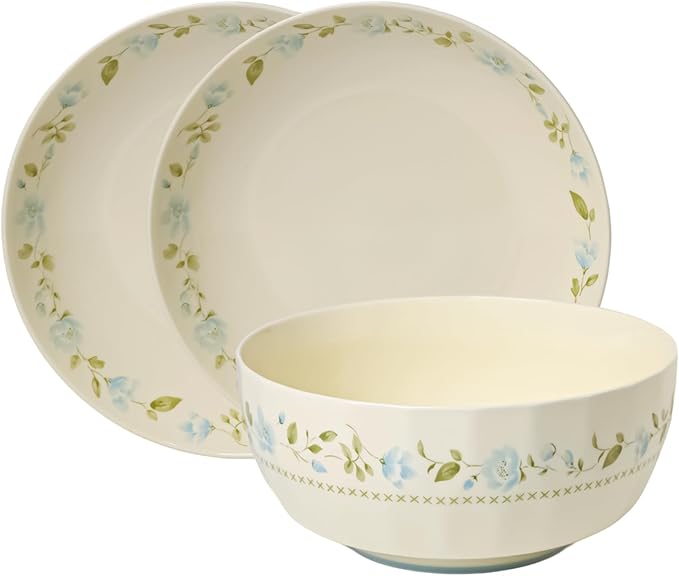 ONTUBE Ceramic Flower Dinnerware Set Two Plates with Large Soup Bowl Rural style household dining bowls and vegetable dishes for Cereal Salad Pasta Soup Dessert