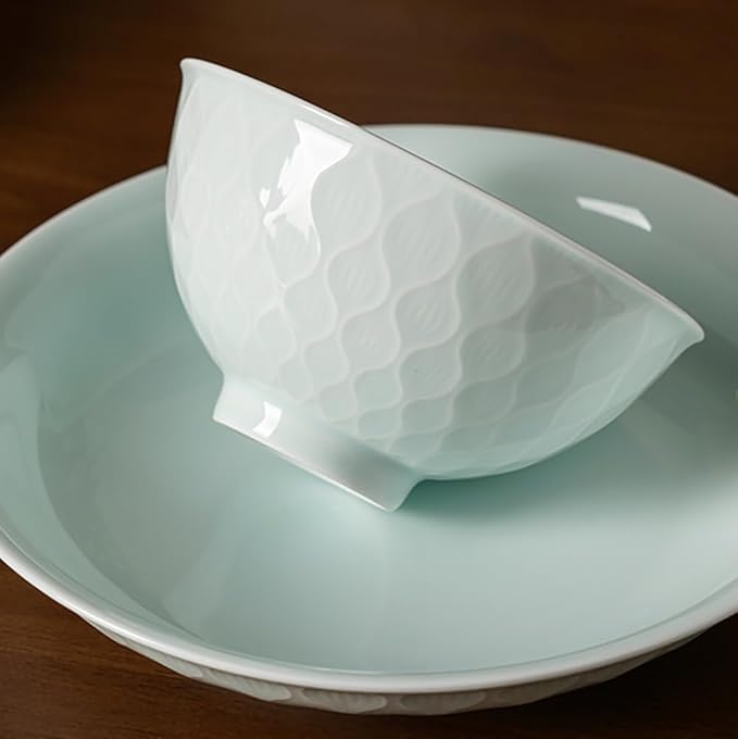 Celadon Green Stoneware Dinnerware Set 12-Piece Embossed Leaf Pattern Bowls &amp Plates Set - 10” &amp 8” Plates 5” Rice Bowls - Zen-Inspired Dishwasher &amp Microwave Safe
