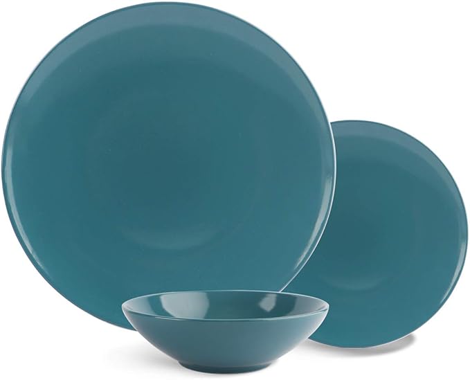 Amazon Basics 18-Piece Stoneware Dinnerware Set Service for 6 Microwave and Dishwasher Safe Plates and Bowls Deep Teal