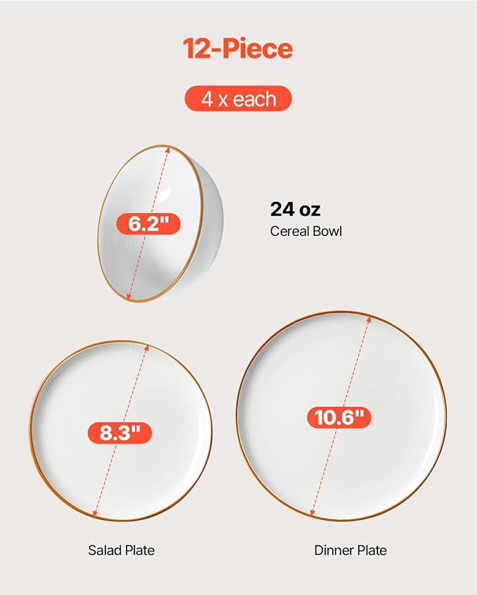VEVOR Dinnerware Set Service for 4 (12 PCS) Round Plates and Bowls Sets Scratch Resistant Ceramic Dinner Ware Dishwasher and Microwave Suitable Kitchen Dish for Dessert Salad Soup Pasta White