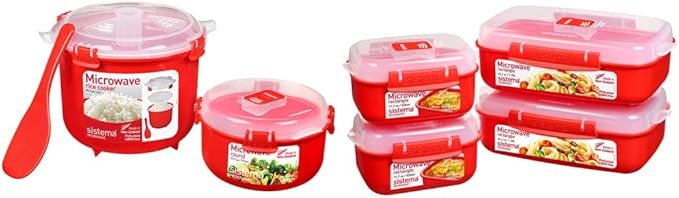 Sistema Microwave Rice Cooker and Steamer Bowl for Vegetables with Steam Release Vent Dishwasher Safe Red &amp Microwave Food Storage Containers with Steam Release Vent Dishwasher Safe Red