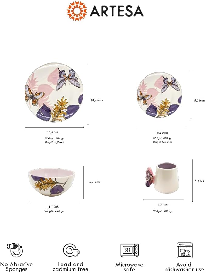 ARTESA ORGANICS BRIGHT NATURE LILA Ceramic Dinnerware Set Lilac Butterfly Pattern with Tropical Leaves Handmade &amp Hand-Painted 4-Piece Collection Microwave Safe