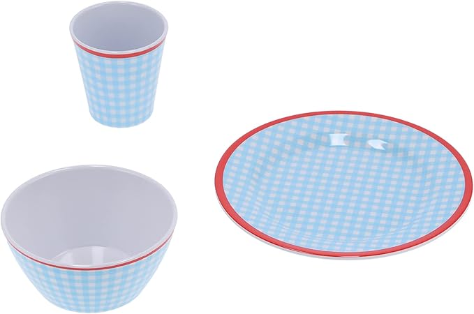 12Pcs Light Blue Grid Melamine Dinnerware Set Household Tableware with Fruit Plate Salad Bowl Cup Multi Purpose Kitchenware for Home Restaurant Hotel