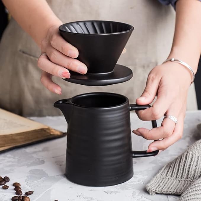 Coffee Press Ceramic Dripper 1-2 Cups Drip Filter Pot Pour Over Coffee Maker with Separate Stand for Filte 500ml Pots (Black Filter Set)
